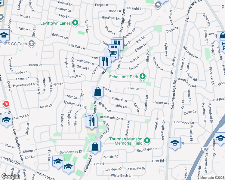 map of restaurants, bars, coffee shops, grocery stores, and more near 3659 Lynn Lane in Wantagh