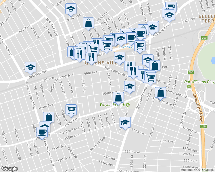 map of restaurants, bars, coffee shops, grocery stores, and more near 102-16 217th Street in Queens