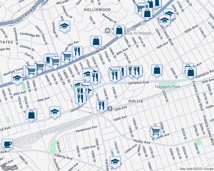 map of restaurants, bars, coffee shops, grocery stores, and more near in Queens