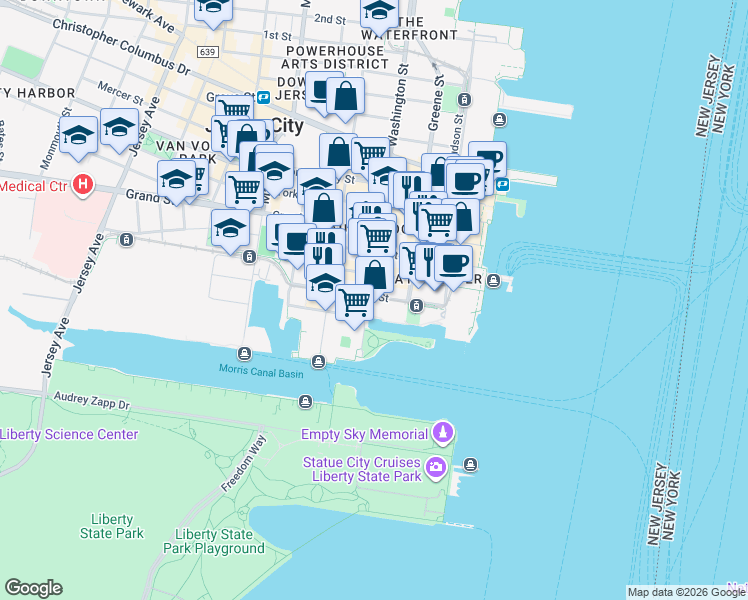 map of restaurants, bars, coffee shops, grocery stores, and more near 174 Washington Street in Jersey City