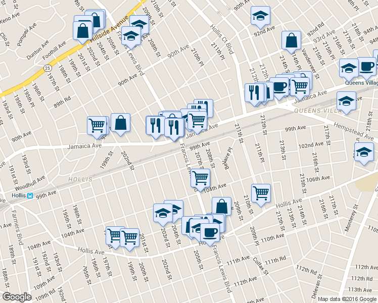 map of restaurants, bars, coffee shops, grocery stores, and more near 99-01 Francis Lewis Boulevard in Queens