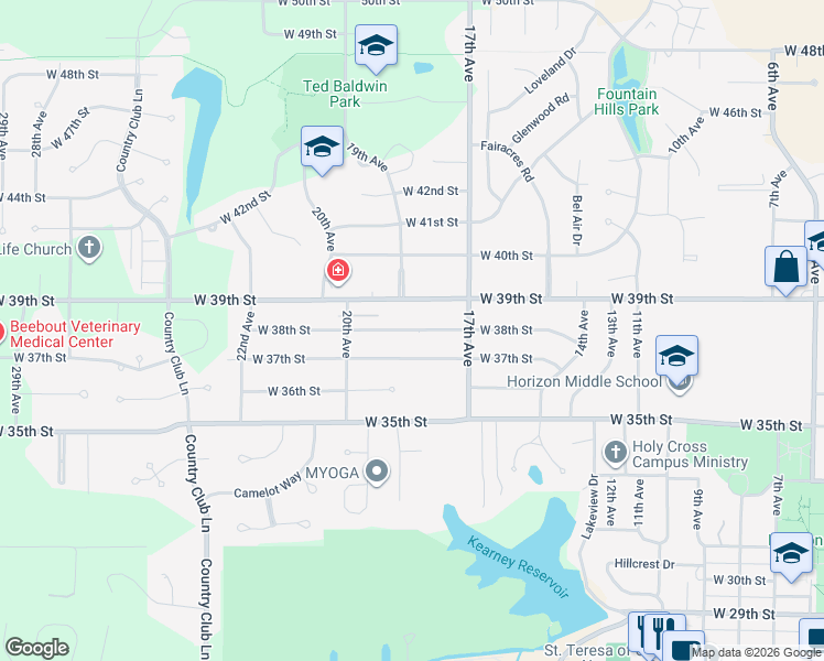 map of restaurants, bars, coffee shops, grocery stores, and more near 1832 West 38th Street in Kearney