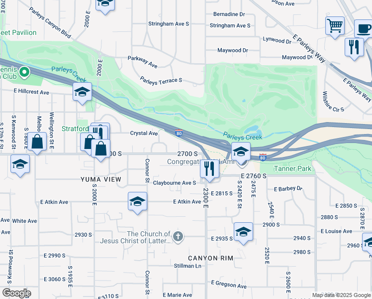 map of restaurants, bars, coffee shops, grocery stores, and more near 2267 East 2700 South in Salt Lake City