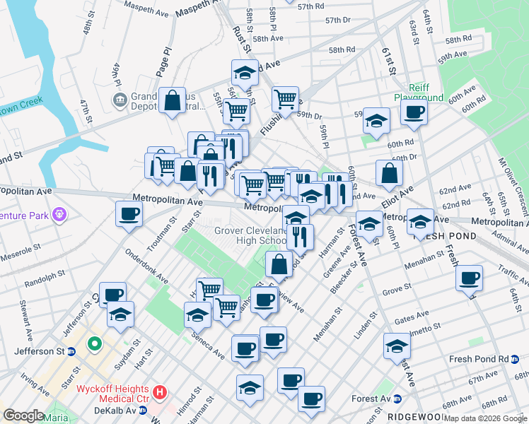 map of restaurants, bars, coffee shops, grocery stores, and more near 53-56 Metropolitan Avenue in Queens