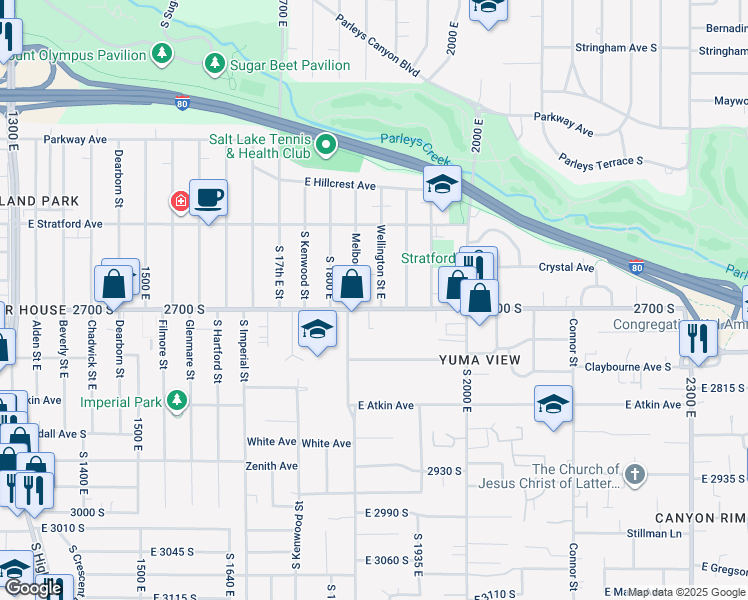 map of restaurants, bars, coffee shops, grocery stores, and more near 2692 Wellington Street East in Salt Lake City