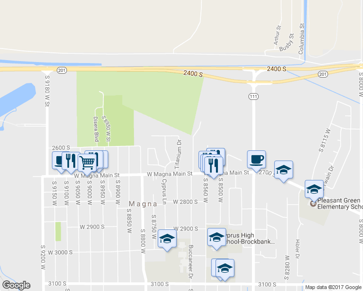 map of restaurants, bars, coffee shops, grocery stores, and more near 2623 Titanium Drive in Magna