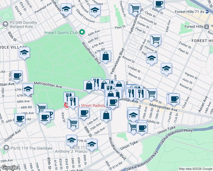 map of restaurants, bars, coffee shops, grocery stores, and more near 89-88 Woodhaven Boulevard in Queens