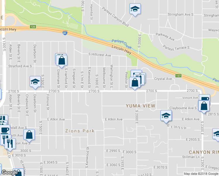 map of restaurants, bars, coffee shops, grocery stores, and more near 2692 Wellington Street East in Salt Lake City
