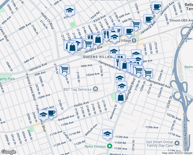 map of restaurants, bars, coffee shops, grocery stores, and more near 102-16 217th Street in Queens