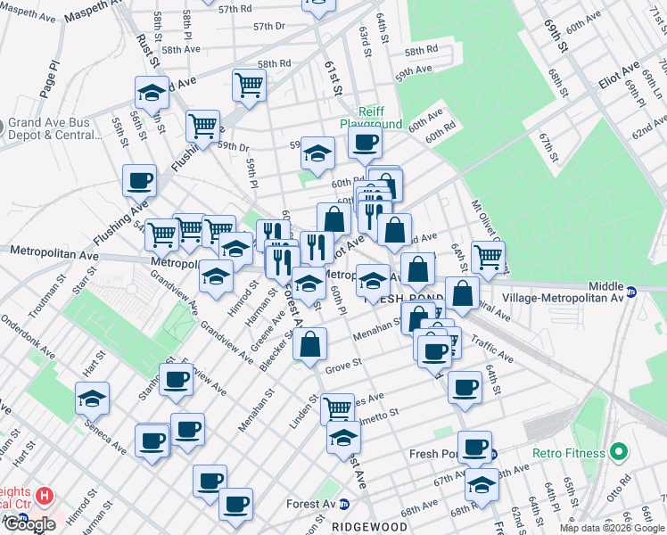 map of restaurants, bars, coffee shops, grocery stores, and more near 60-45 Metropolitan Avenue in Queens