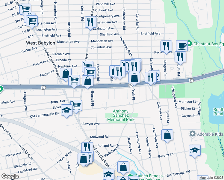 map of restaurants, bars, coffee shops, grocery stores, and more near 672 Sunrise Highway in West Babylon