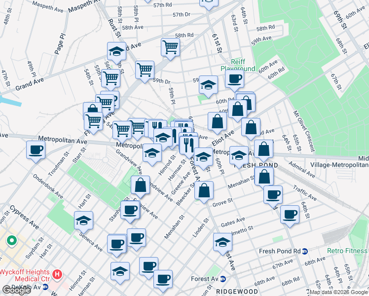 map of restaurants, bars, coffee shops, grocery stores, and more near 56-17 Metropolitan Avenue in Queens