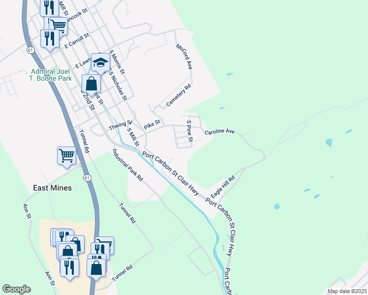 map of restaurants, bars, coffee shops, grocery stores, and more near Sunshine Street in Schuylkill County