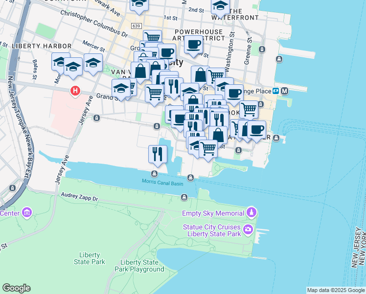 map of restaurants, bars, coffee shops, grocery stores, and more near 149 Essex Street in Jersey City