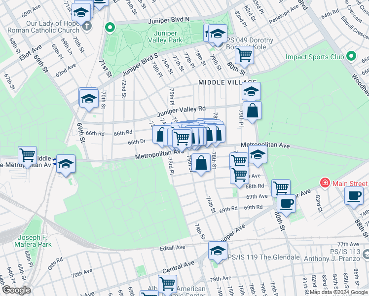 map of restaurants, bars, coffee shops, grocery stores, and more near 74-05 Metropolitan Avenue in Queens