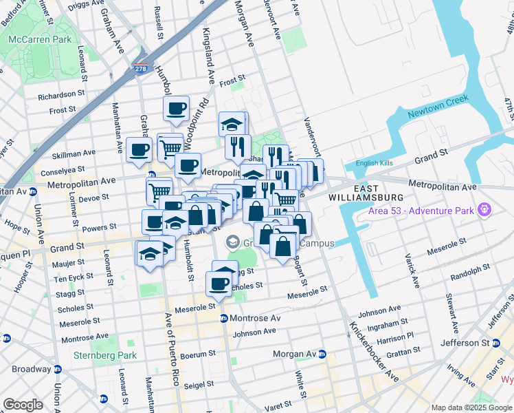 map of restaurants, bars, coffee shops, grocery stores, and more near 316 Powers Street in Brooklyn