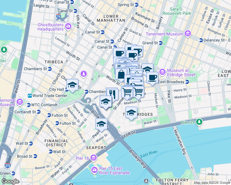 map of restaurants, bars, coffee shops, grocery stores, and more near 185 Park Row in New York