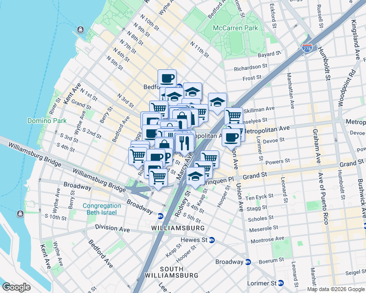 map of restaurants, bars, coffee shops, grocery stores, and more near 40 Marcy Avenue in Brooklyn