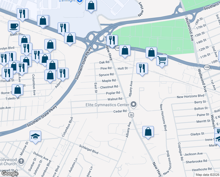 map of restaurants, bars, coffee shops, grocery stores, and more near 18 Chestnut Road in Amityville
