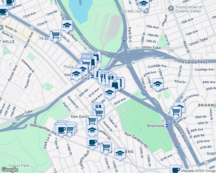 map of restaurants, bars, coffee shops, grocery stores, and more near 120-46 Queens Boulevard in Queens