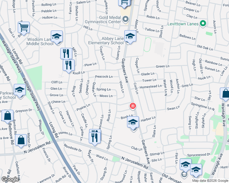 map of restaurants, bars, coffee shops, grocery stores, and more near 36 Spring Lane in Levittown
