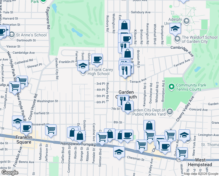 map of restaurants, bars, coffee shops, grocery stores, and more near 236 Roxbury Road South in Garden City