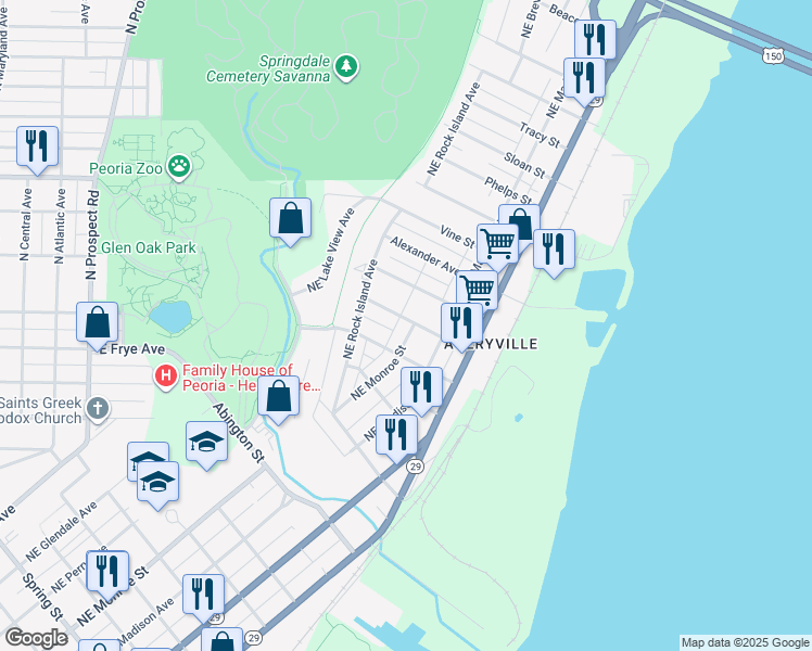 map of restaurants, bars, coffee shops, grocery stores, and more near 2535 Northeast Monroe Street in Peoria