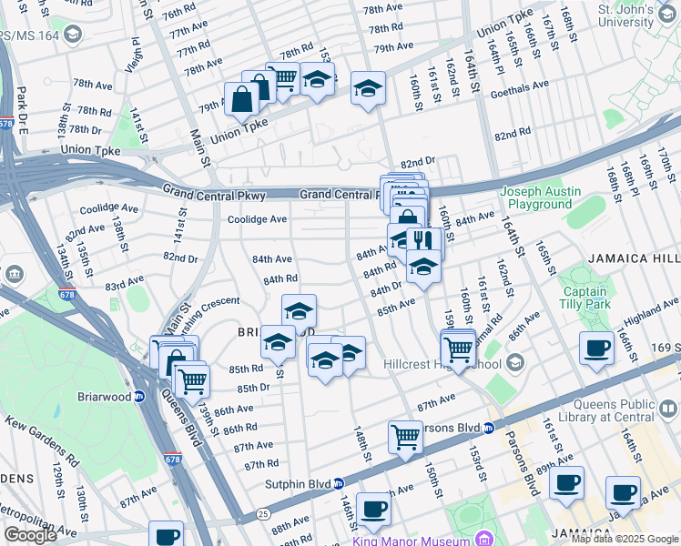 map of restaurants, bars, coffee shops, grocery stores, and more near 148-22 84th Avenue in Queens