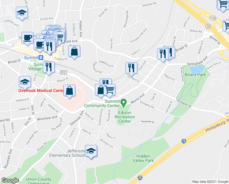 map of restaurants, bars, coffee shops, grocery stores, and more near 79 Park Avenue in Summit