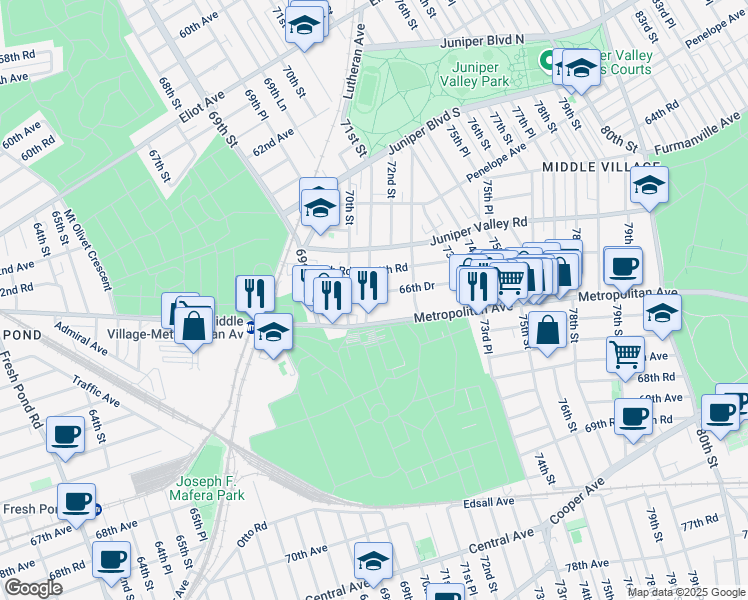 map of restaurants, bars, coffee shops, grocery stores, and more near 66-55 71st Street in Queens