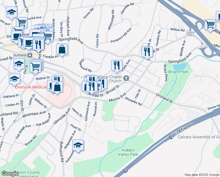map of restaurants, bars, coffee shops, grocery stores, and more near 169 Broad Street in Summit