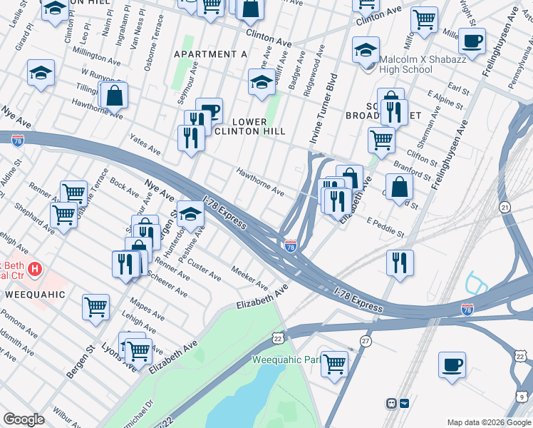 map of restaurants, bars, coffee shops, grocery stores, and more near 303 Ridgewood Avenue in Newark