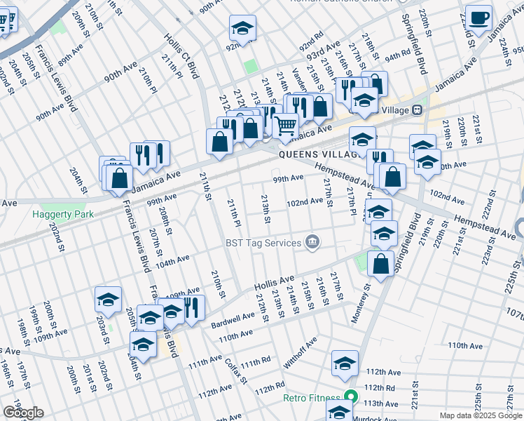 map of restaurants, bars, coffee shops, grocery stores, and more near 212-07 102nd Avenue in Queens