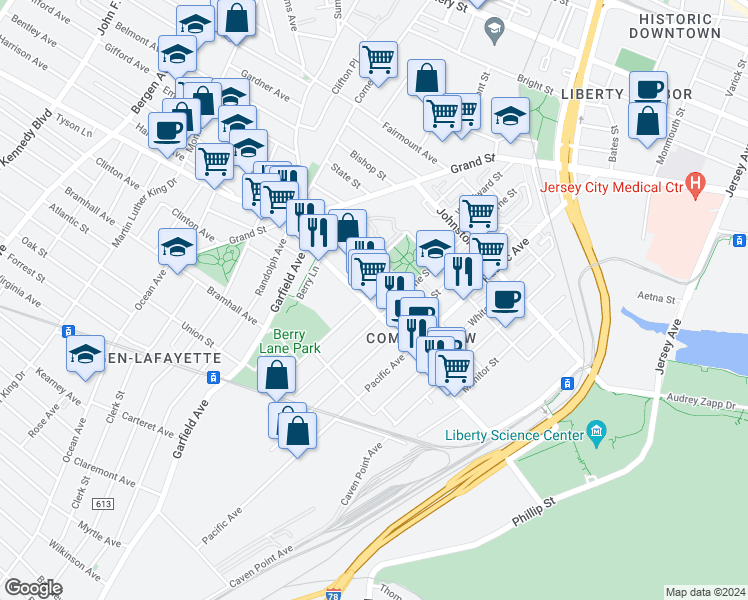 map of restaurants, bars, coffee shops, grocery stores, and more near 392 Communipaw Avenue in Jersey City