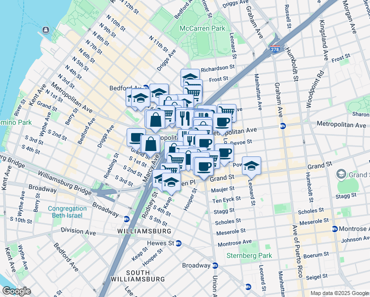map of restaurants, bars, coffee shops, grocery stores, and more near 45 Ainslie Street in Brooklyn