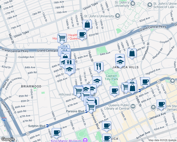 map of restaurants, bars, coffee shops, grocery stores, and more near 84-66 162nd Street in Queens