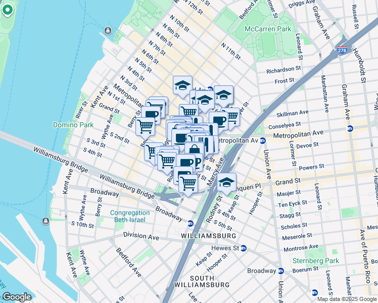 map of restaurants, bars, coffee shops, grocery stores, and more near 124-128 Havemeyer Street in Brooklyn