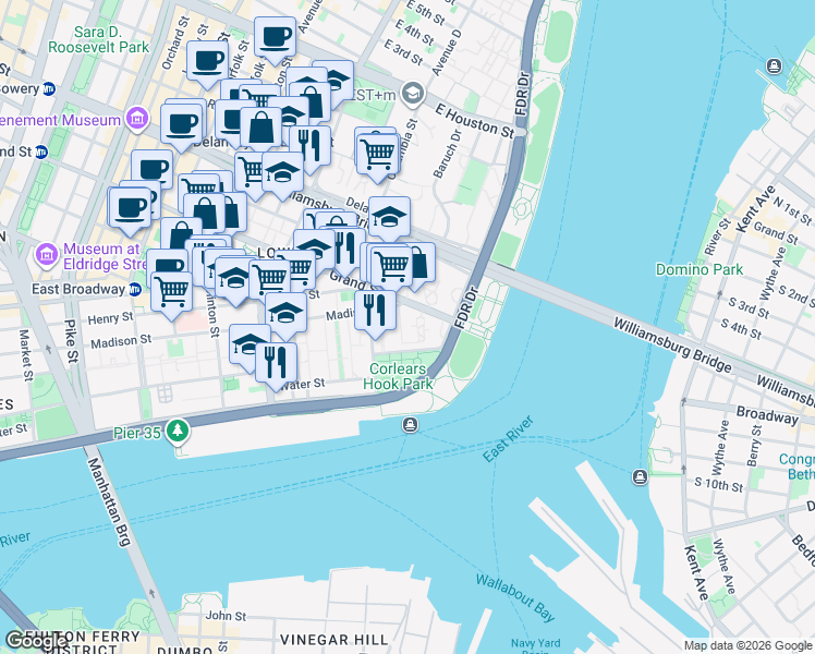 map of restaurants, bars, coffee shops, grocery stores, and more near 22 Jackson Street in New York
