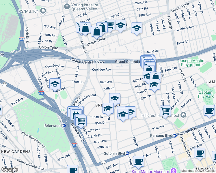 map of restaurants, bars, coffee shops, grocery stores, and more near 143-21 84th Road in Queens