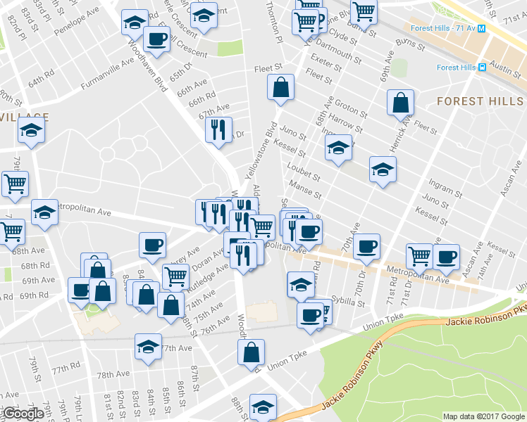 map of restaurants, bars, coffee shops, grocery stores, and more near 69-23 Alderton Street in Queens
