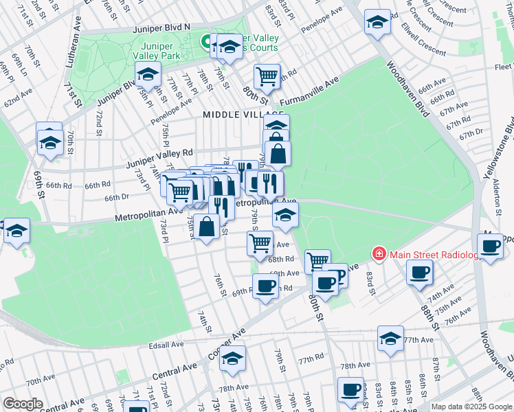 map of restaurants, bars, coffee shops, grocery stores, and more near 79-02 Metropolitan Avenue in Queens