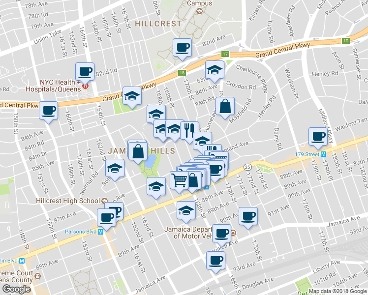map of restaurants, bars, coffee shops, grocery stores, and more near 85-24 168th Place in Queens