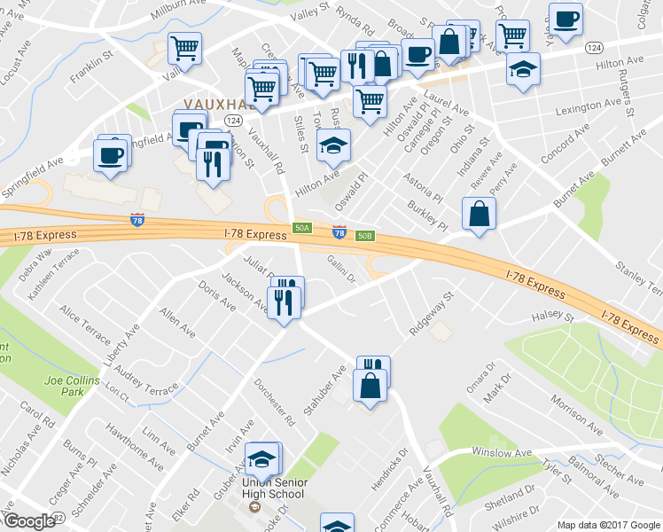 map of restaurants, bars, coffee shops, grocery stores, and more near 2536 Gallini Drive in Union