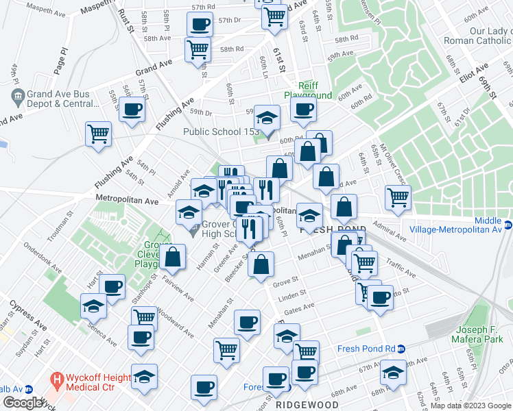 map of restaurants, bars, coffee shops, grocery stores, and more near 60-09 Metropolitan Avenue in Queens