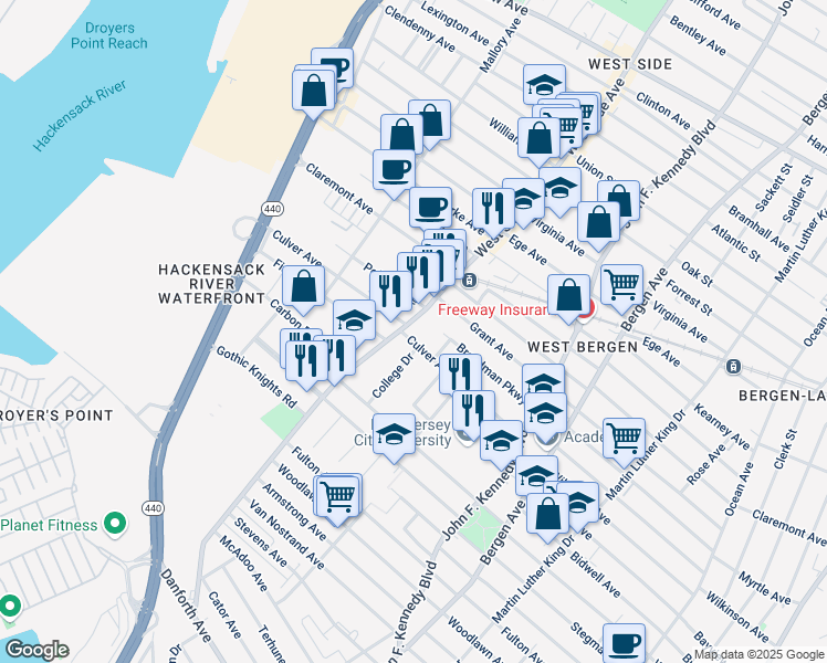 map of restaurants, bars, coffee shops, grocery stores, and more near 322 West Side Avenue in Jersey City