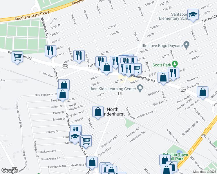 map of restaurants, bars, coffee shops, grocery stores, and more near 333 4th Street in Lindenhurst