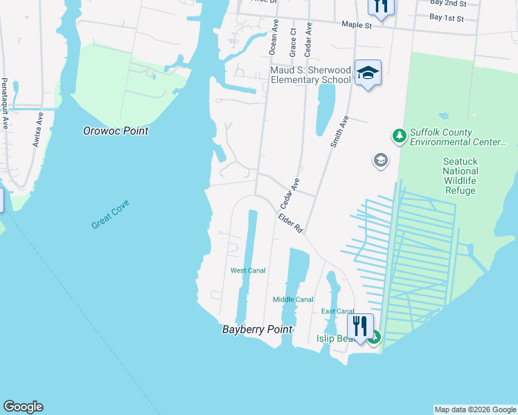 map of restaurants, bars, coffee shops, grocery stores, and more near 56 East Bayberry Road in Islip