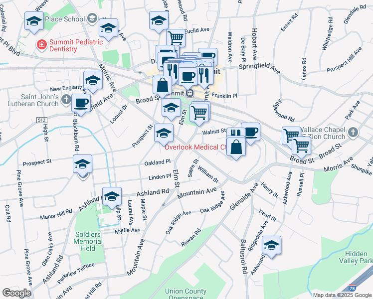 map of restaurants, bars, coffee shops, grocery stores, and more near 250 Morris Avenue in Summit
