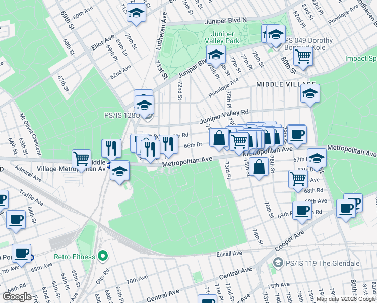 map of restaurants, bars, coffee shops, grocery stores, and more near 66-64 Pleasantview Street in Queens