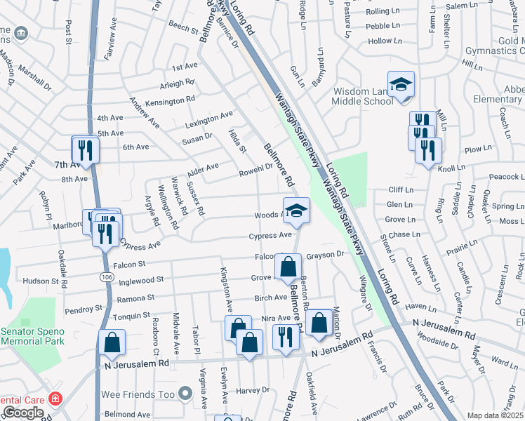 map of restaurants, bars, coffee shops, grocery stores, and more near 441 Hilda Street in East Meadow